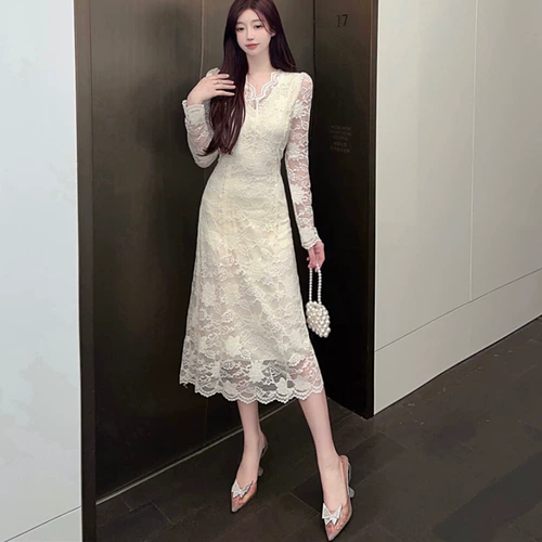 Ретро кружевное демисезонное платье, приталенный базовый длинный корсет, французский ретро стиль, изысканный стиль, облегающий крой, средней длины