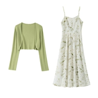 Платье, зеленый кардиган, в цветочек