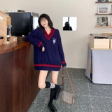 Свитер, галстук, осенняя рубашка, трикотажная студенческая юбка в складку, комплект, свободный крой, V-образный вырез