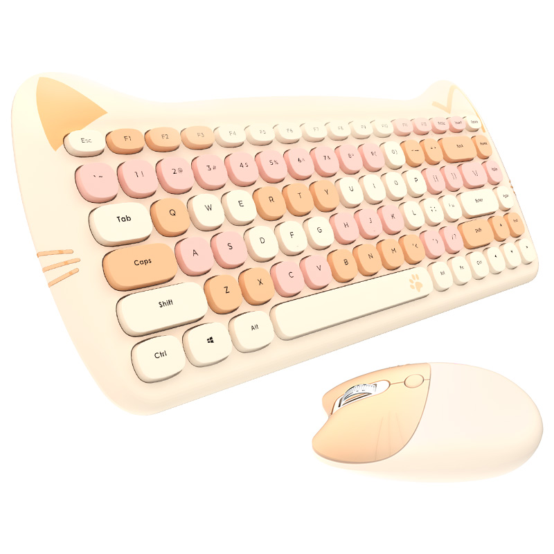 MOFii Teclado e Mouse Cute Cat Sem fio 2.4G USB, Teclas silenciosas, Cores doces, 84 teclas – Bege