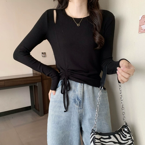 Осенний белый короткий лонгслив, футболка, в западном стиле, на шнурках, защита от солнца