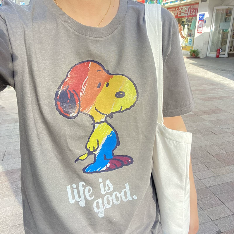 Snoopy, мультяшная комфортная базовая футболка, коллекция 2021, свободный крой, короткий рукав