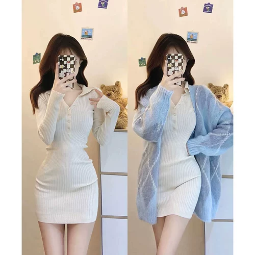 Демисезонное платье, кардиган, куртка, комплект, по фигуре, воротник поло, коллекция 2022