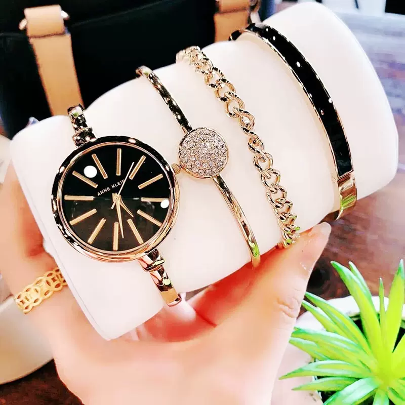 正品ak手表女Anne Klein简约气质方形黑金款皮带石英腕表2706CHBK - Taobao