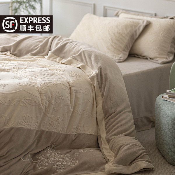 Комплект, флисовый пододеяльник, двусторонная простыня на флисовой подкладке, коралловое покрывало, 4 предмета