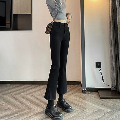 Черные штаны, джинсы, эластичные штаны-клёш, подходит для подростков, высокая талия, облегающий крой