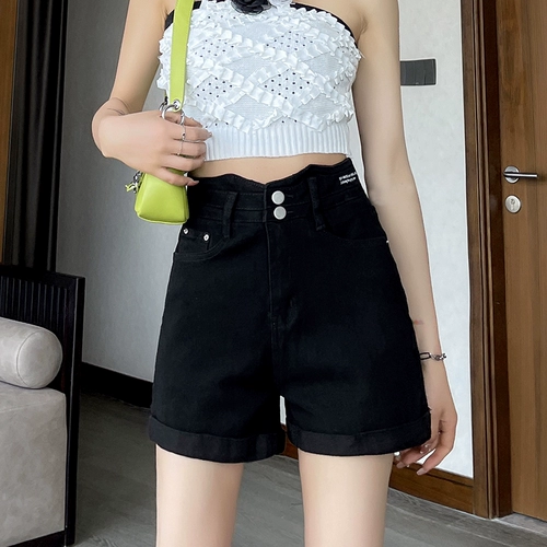 Джинсовые летние шорты, черные штаны, высокая талия, А-силуэт, свободный крой