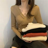 Лонгслив, брендовый свитер, трикотажный жакет, коллекция 2022, V-образный вырез, в корейском стиле