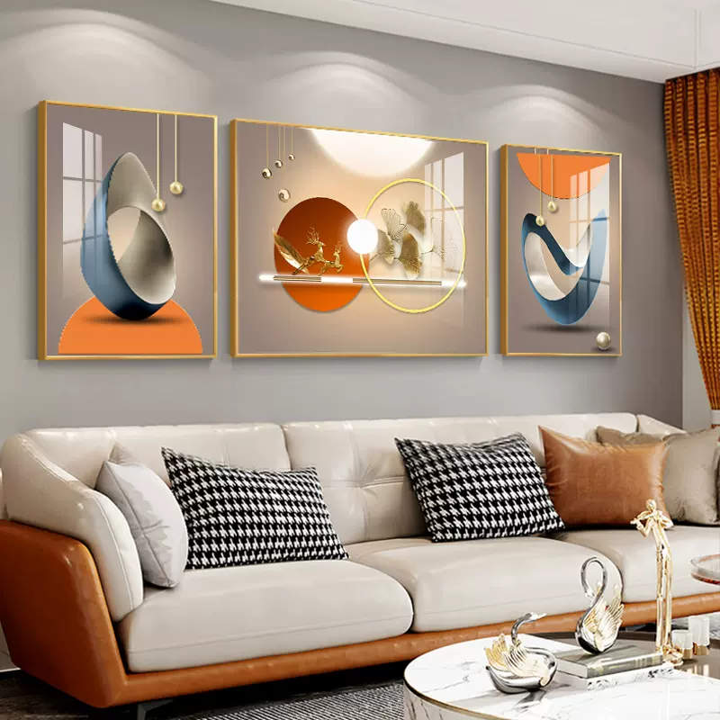 客厅装饰画现代轻奢沙发背景墙后面挂画北欧风三联画福鹿晶瓷壁画-Taobao