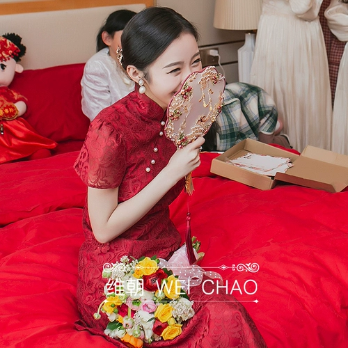 Ципао для невесты, вечернее платье, элегантное красное элитное зимнее свадебное платье, изысканный стиль, яркий броский стиль