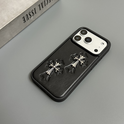 Black Leather Cross Emblem Embossed Textured iPhone Case