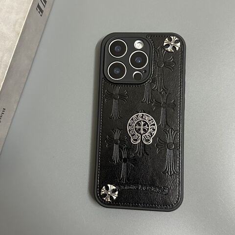 Chrome Hearts Black Leather Cross Pattern iPhone Case