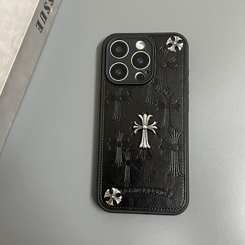 Chrome Hearts Black Leather Cross Pattern iPhone Case