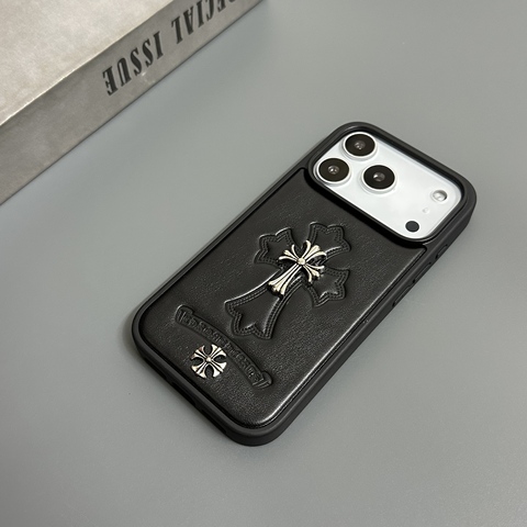 Black Leather Cross Emblem Embossed Textured iPhone Case