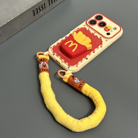 McDonalds , 17/16/15/14/13 Pro/Max 3D Fries : Polkadot, Lanyard Strap, Smart View Window Flip iPhone Case