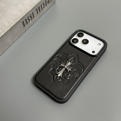 Dark Synthetic Leather Metal 3D Embossed Cross Stitched Pattern Phone – Pro/Plus/Max/Air – 17, 16, 15, 14, 13, 12 iPhone Case