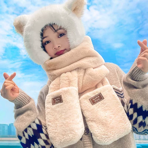 Демисезонная шапка, милый шарф, зимний бархатный комплект с капюшоном, удерживающие тепло перчатки, 2022, 3 предмета