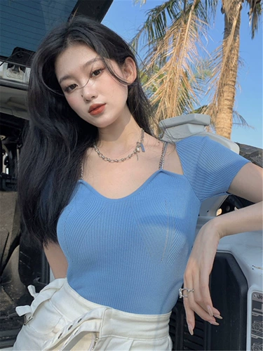 Комплект, трикотажная цепь, летний свитер, синяя короткая футболка, в западном стиле, эффект подтяжки, 2021 года, в обтяжку, короткий рукав