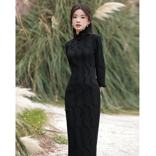 Черное ципао, легкий зимний ретро демисезонный флисовый длинный лонгслив, китайский стиль, увеличенная толщина