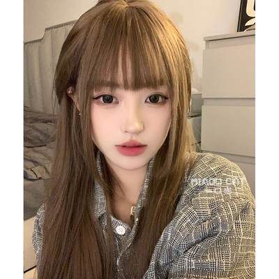taobao agent A bite of meow wig female long hair net red lolita light brown full daily natural flax color jk full head wig