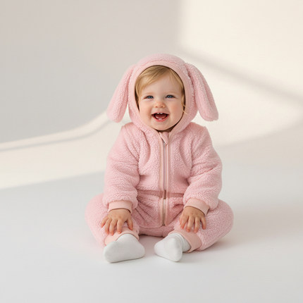 小猪大卫ins风可爱耳朵连体衣秋冬毛绒婴幼儿爬服保暖居家外出服