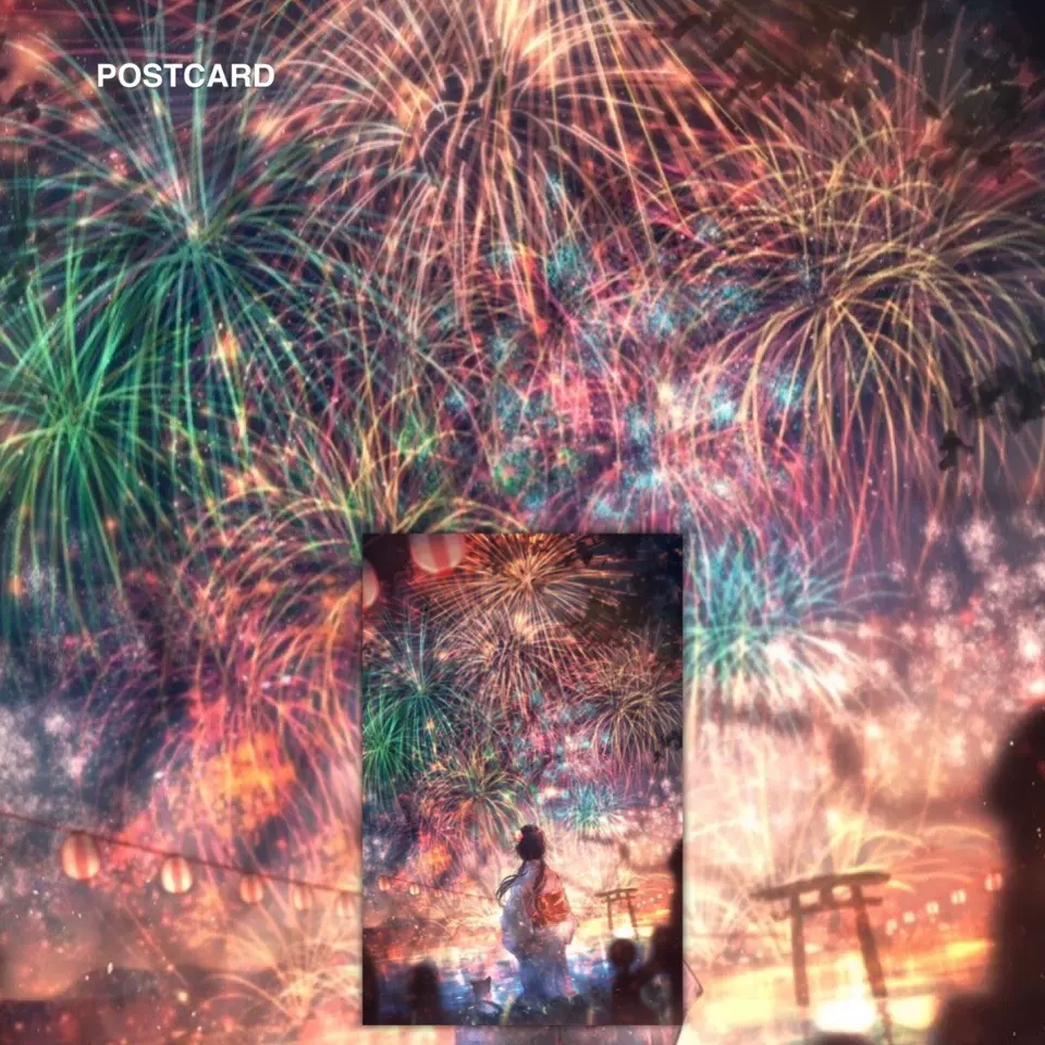 花火大会烟花严岛神社鸟居摄影风景夜景日本明信片贺卡礼物装饰画