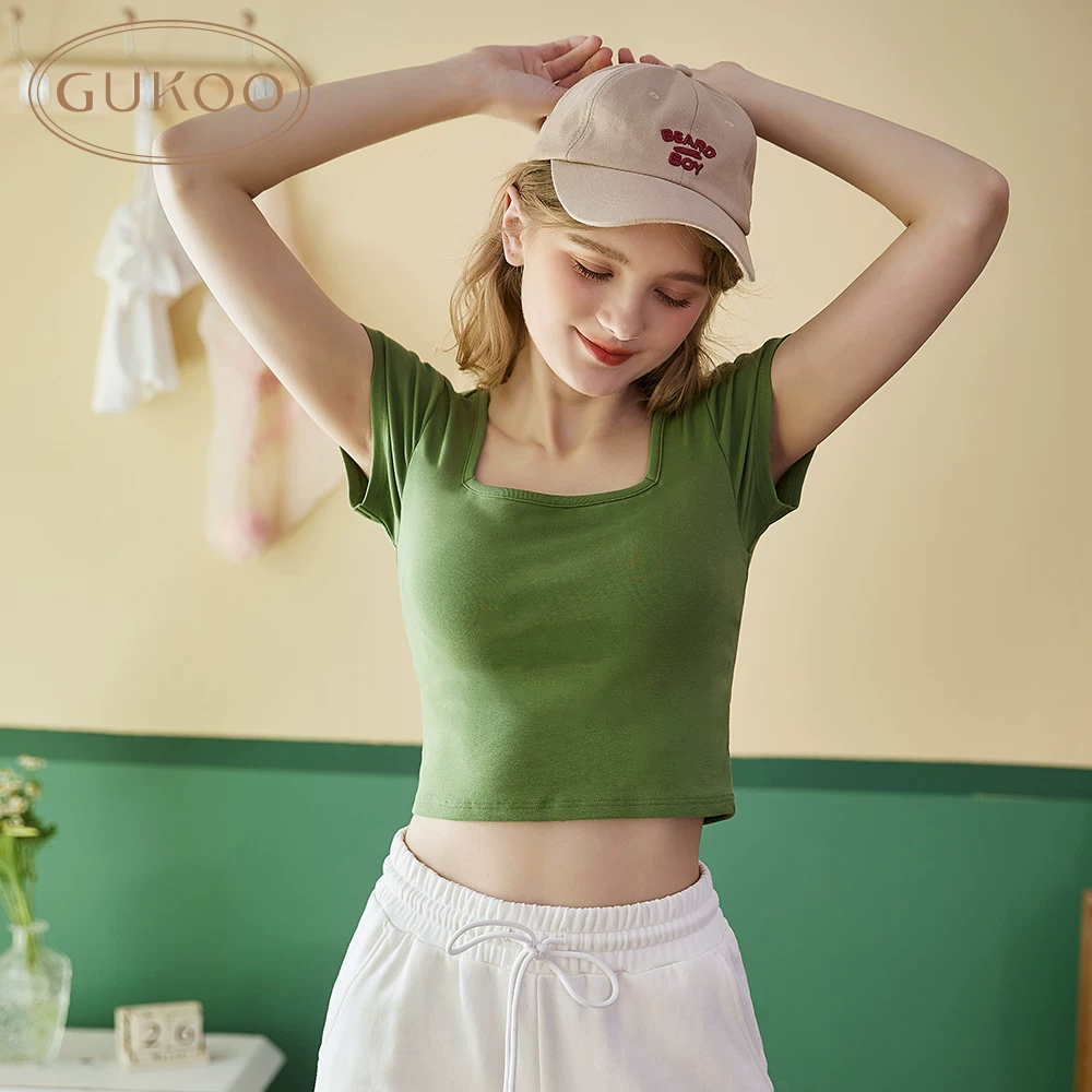 Spring summer sexy fresh short sleeve T-shirt, lifting effect, square neckline