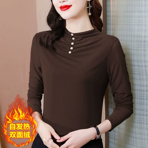 Приятный телу демисезонный бархатный удерживающий тепло лонгслив для матери, высокий воротник, в западном стиле