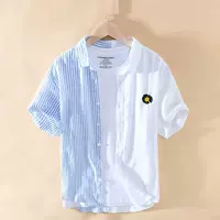 Летняя японская рубашка для отдыха, короткий рукав, с вышивкой, свободный крой, из хлопка и льна