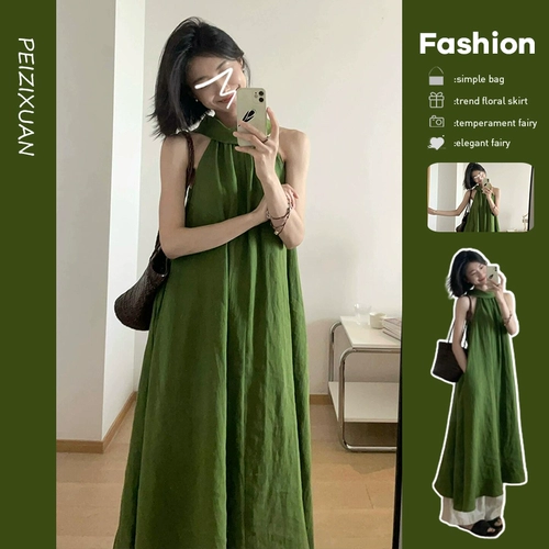 Расширенное зеленое летнее платье, длинная юбка, французский стиль, изысканный стиль