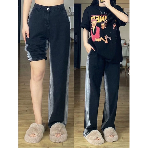 Осенние черные джинсы, штаны, градиент, большой размер, для формы тела «груша», высокая талия, свободный прямой крой