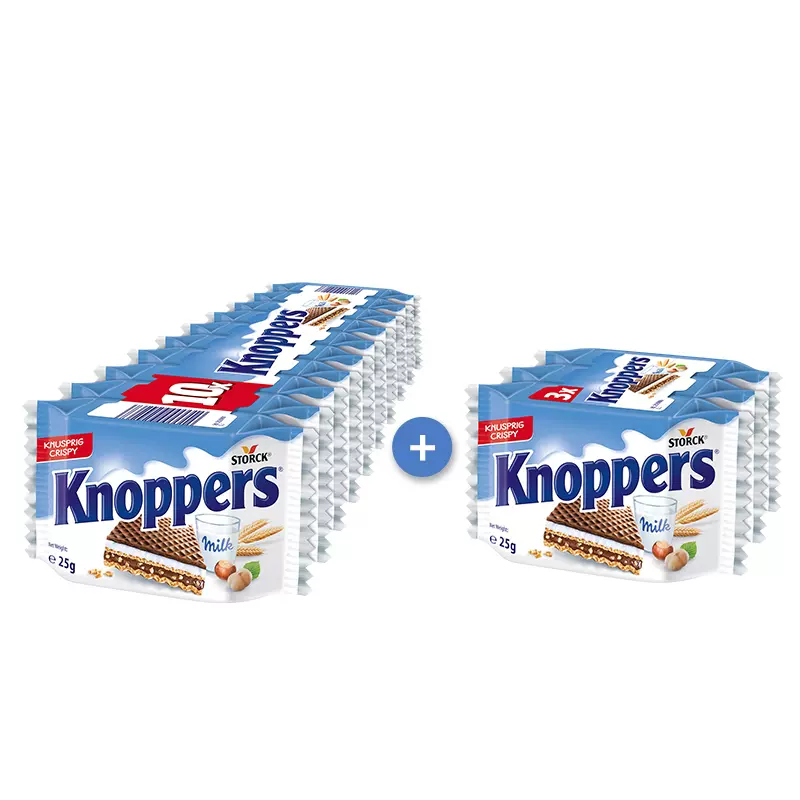 德国进口，knoppers 牛奶榛子/可可榛子椰子巧克力威化饼干250g 加赠75g 