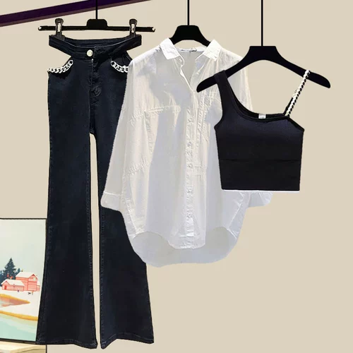 Комплект, сексуальная рубашка для отдыха, штаны-клёш, популярно в интернете, 3 предмета, подходит для подростков, защита от солнца, эффект подтяжки