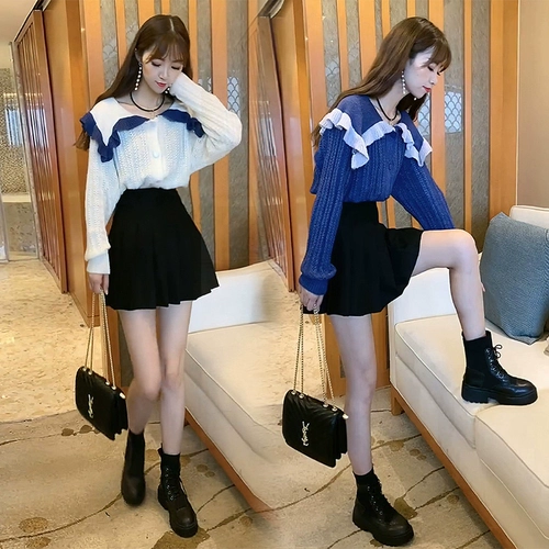 Демисезонный комплект, трикотажный свитер, кардиган, юбка в складку, яркий броский стиль