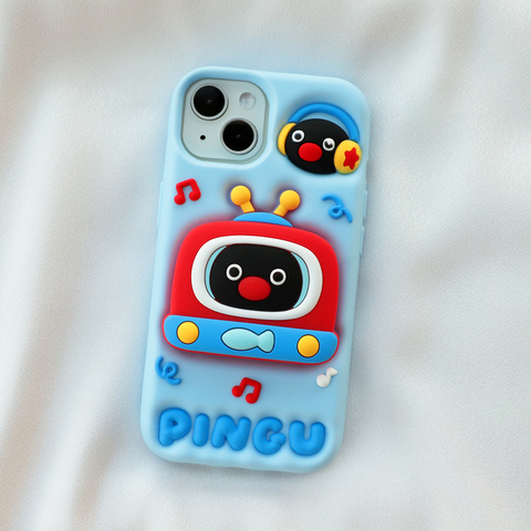 Retro Penguin PINGU TV Silicone : Kickstand Cartoon Design, Plus/Pro/Max – 16, 15, 14, 13, 12 iPhone Case