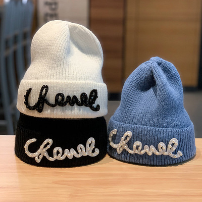 [Winter Warm Pearl Letter Knitted Beanies Hats Skullies Beani]