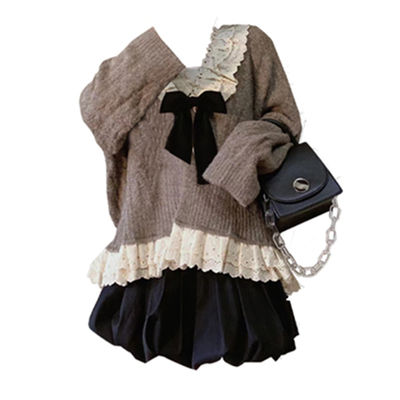 taobao agent In the early autumn, salt wearing bombing street college wind lace sweater cardigan jackets pleated puffy skirt two -piece woman