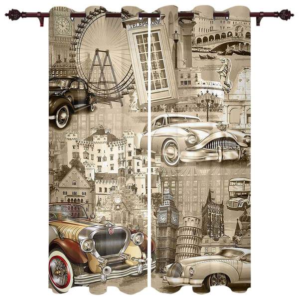 [Car European Building Vintage Window Curtains for Bedroom]