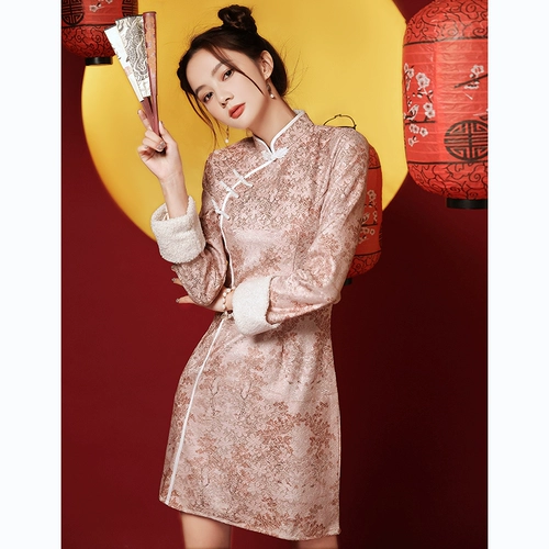 Розовое ципао, зимний утепленный легкий лонгслив, коллекция 2023, китайский стиль, подходит для подростков