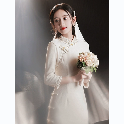 Белое демисезонное ципао, легкий элитный ретро лонгслив, коллекция 2023, светлый стиль, увеличенная толщина