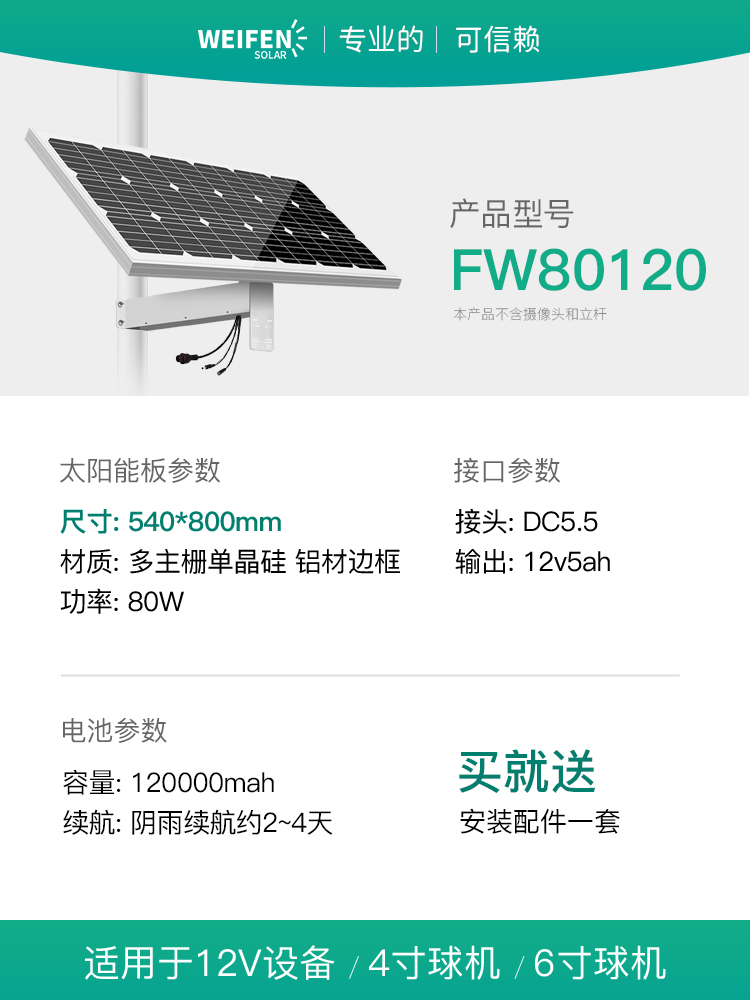 光伏板80W 电池120AH 适合4寸球机，6寸球机