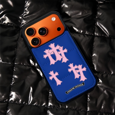 Chrome Hearts Puffer 17 Pro Max/16 Pro/15/14 Pro Max Leather – Designer Orange With Crosses & Card Holder iPhone Case