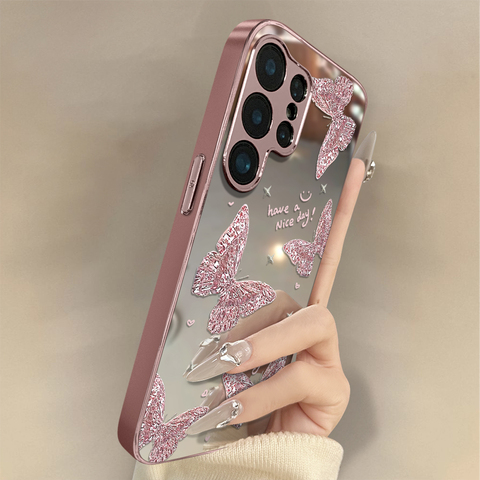 Pink Glitter Butterfly Mirror For Girls S25, S25 Plus, S25 Ultra, S24, S24 Plus, S24 Ultra, S23, S23 Plus, S23 Ultra Samsung