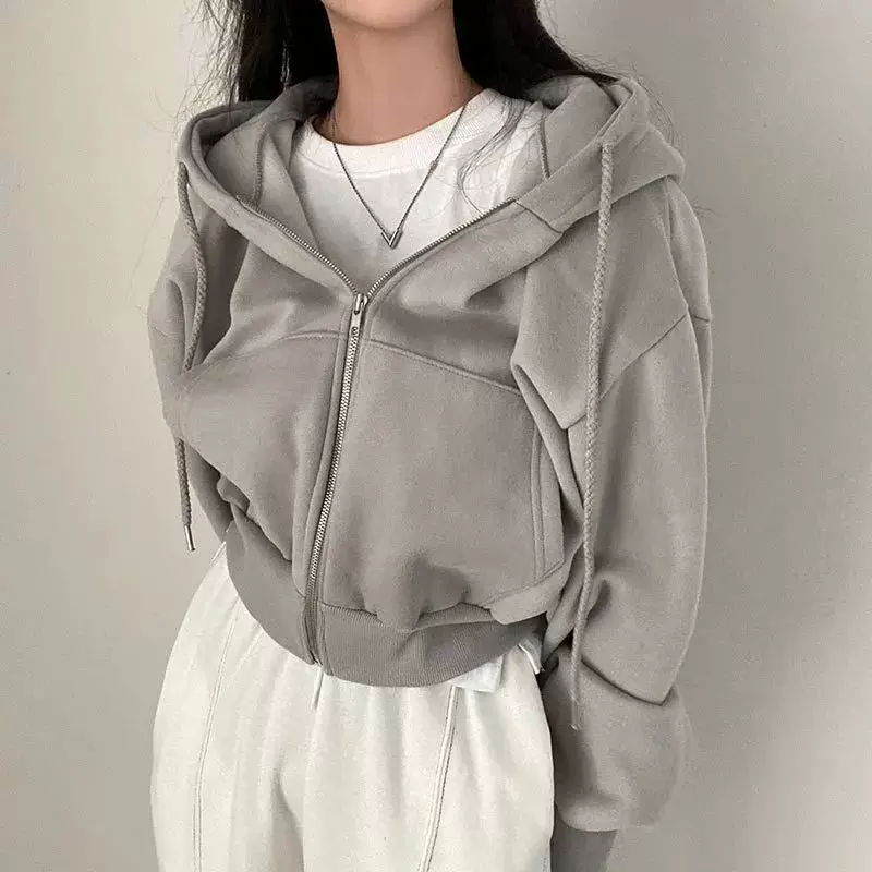 ЖЕНСКИЕ Худи 2023 Осень Ретро Однотонная Молния Спортивная Oversized