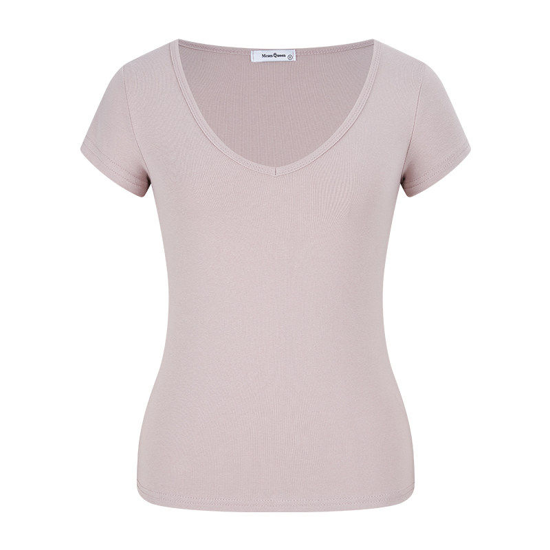 T-shirt V-leher hijau dopamin musim panas, potongan bahu lurus yang elegan dan menguruskan badan, serba boleh dan segar