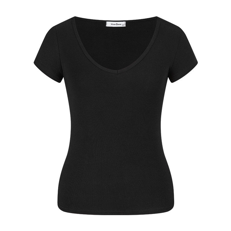 T-shirt V-leher hijau dopamin musim panas, potongan bahu lurus yang elegan dan menguruskan badan, serba boleh dan segar