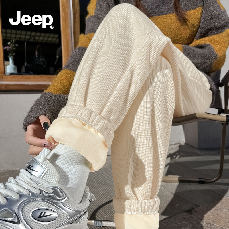 JEEP吉普加绒裤子女2025新款秋冬束脚卫裤白色华夫格直筒休闲裤Y