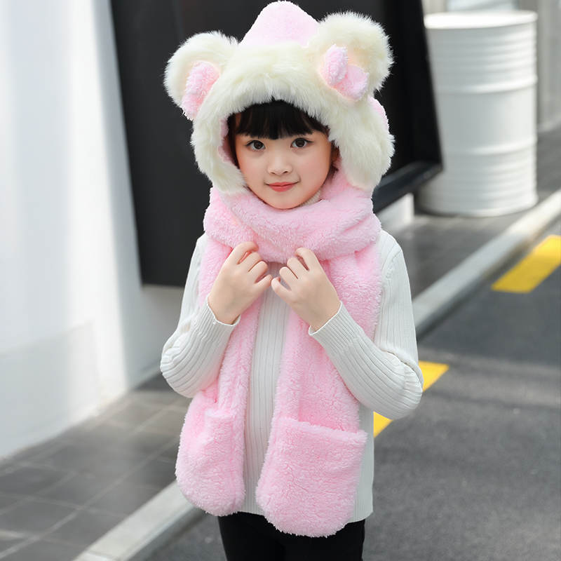 韩版保暖双层加厚儿童冬天女童帽子围巾手套三件套装一体帽蝴蝶结
