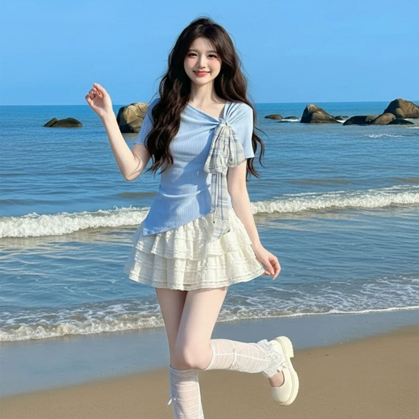 Sweet and Fresh Two-Piece Set for Women 2026 New Korean Style Cowl Neck Irregular Short-Sleeve T-Shirt and Puffy Tiered Skirt Two-Piece Set Classic Style