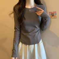 Короткий изогнутый лонгслив, демисезонная футболка, цветной жакет, круглый воротник, длинный рукав, в корейском стиле